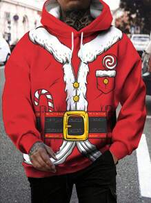 Christmas Style Men Plus Santa Claus Digital Print Front Drawstring Pullover Sweatshirt With All-Over Printing, Fall - Red - View 6