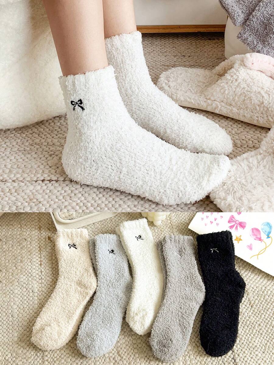 3pairs Women's Random Color Bow Fluffy Warm Fashion Socks, Suitable For Autumn/Winter, Cozy - Multicolor - View 1