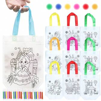 6件装圣诞主题无纺布涂鸦袋 配6支迷你水彩笔儿童早教益智绘画玩具小孩创意绘画涂鸦袋