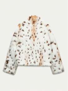 Jesienno-zimowy damski płaszcz z dużym kołnierzem, łatami i nadrukiem w panterkę, ze sztucznego futra, chroniący przed zimnem.