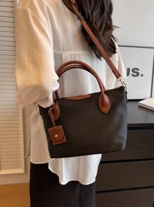 Vintage Two-Tone Large Tote Bag With Small Pouch, Fashion Versatile - Black - View 7