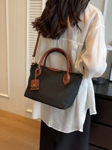 Vintage Two-Tone Large Tote Bag With Small Pouch, Fashion Versatile - Black - View 9