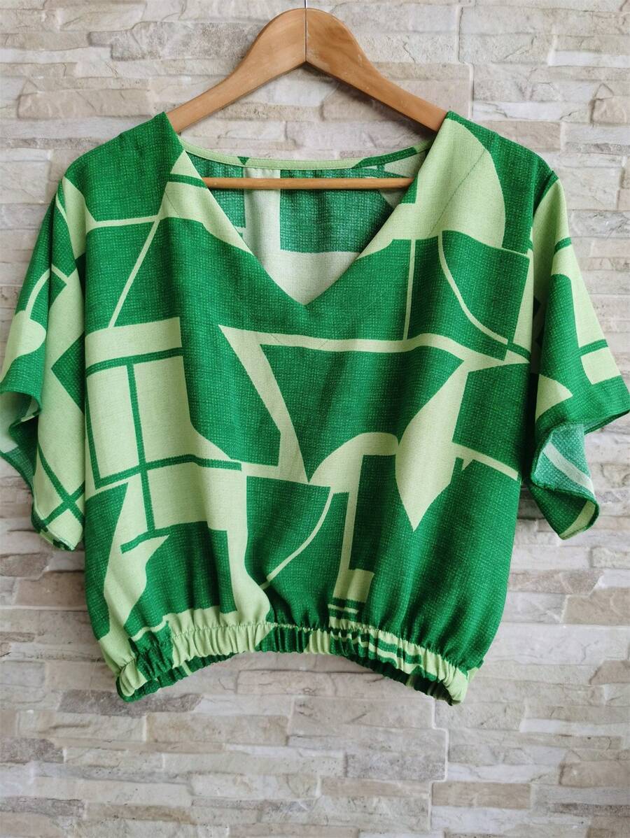 Cropped Blouse With Elastic Duna Fabric Prints2025 - màu xanh lá - Xem 1