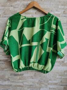 Cropped Blouse With Elastic Duna Fabric Prints2025 - màu xanh lá - Xem 2