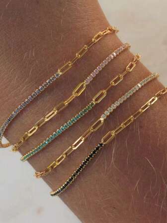 方晶锆石半网球链手链 女士不锈钢手链 彩色宝石 精致简约不锈钢首饰