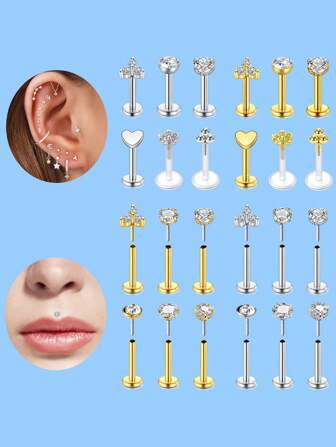 6Pcs Cartilage Helix Conch Earring Stud Lip Ring Threadless Tragus Earrings 16G Stainless Steel Facial Piercing Jewelry For Women 8mm Festival Gift