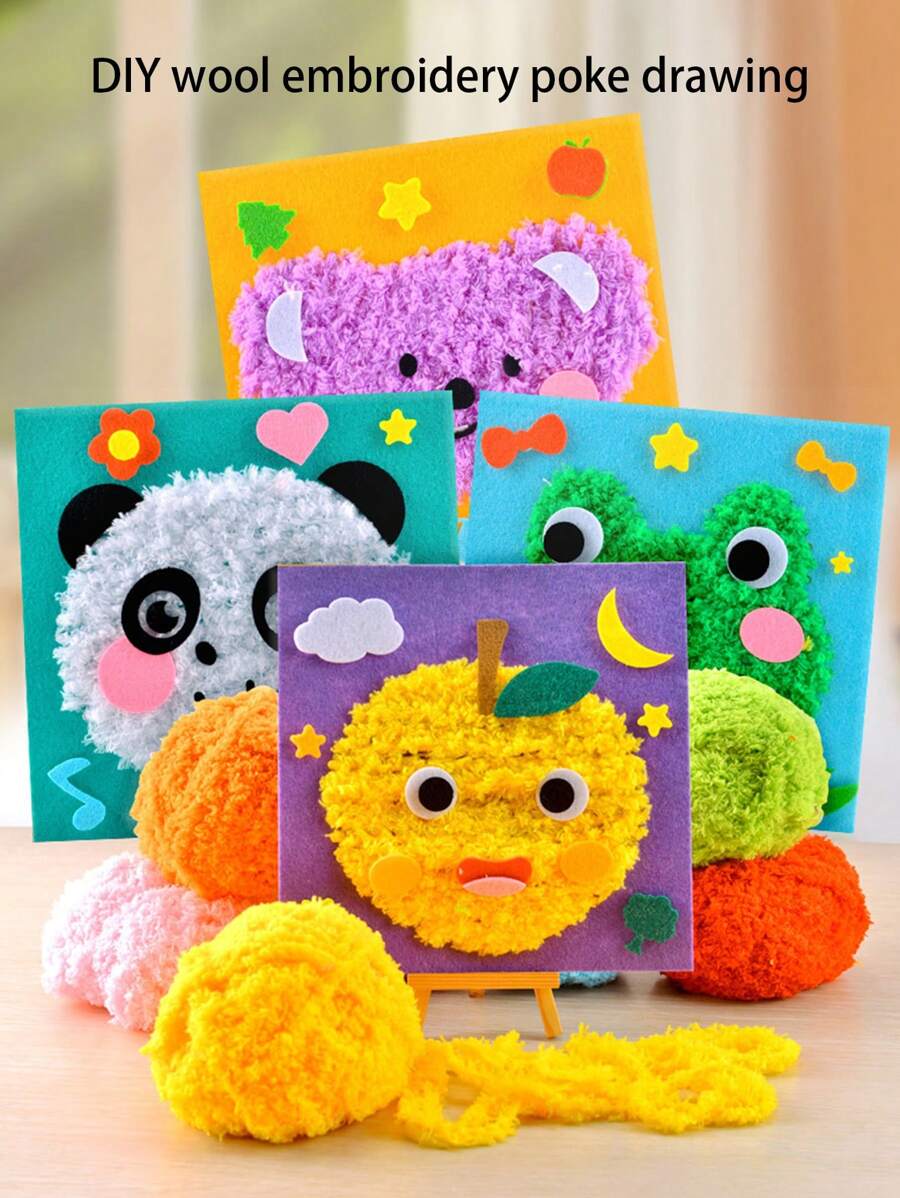 4 件套儿童 DIY 缝纫套装，卡通动物线缝纫画，制作简单的 DIY 项目，动物，水果，学习缝纫玩具，生日礼物，适合男孩和女孩 - 卡通動物毛線畫 - 查看 1