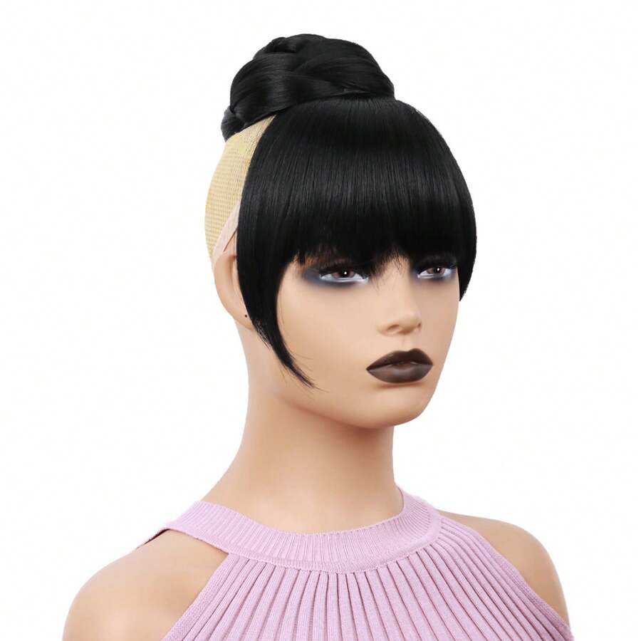 Synthetic Black Quick Chignon Bun With Bangs Hair Braided Bang Clip In