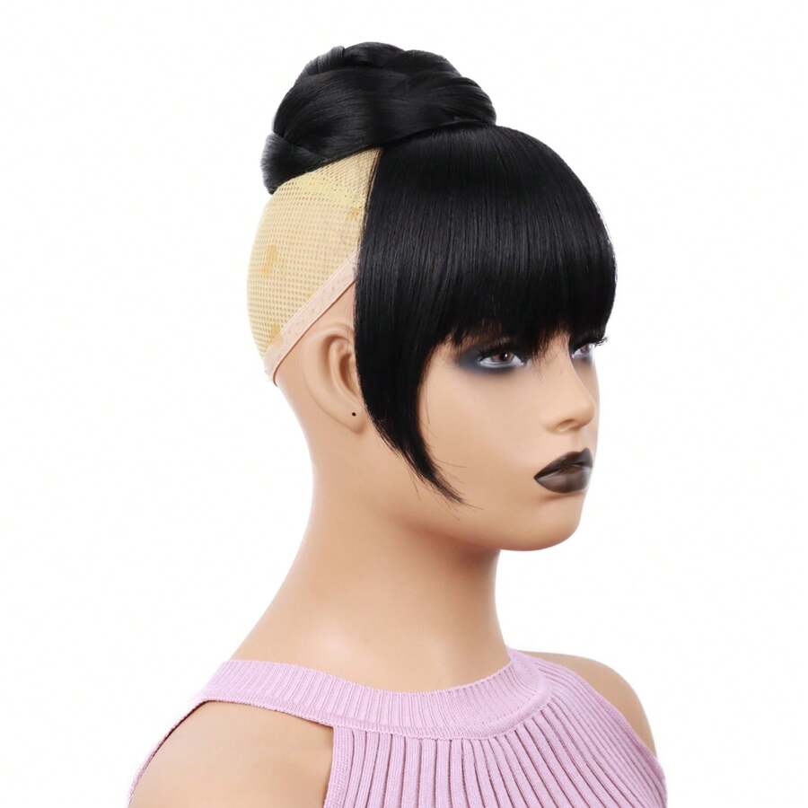 Synthetic Black Quick Chignon Bun With Bangs Hair Braided Bang Clip In