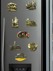 1 件彩色彩绘磁性纪念贴纸，带有旅行口号，创意个性化著名地标建筑冰箱贴 - 彩色 - 查看 8