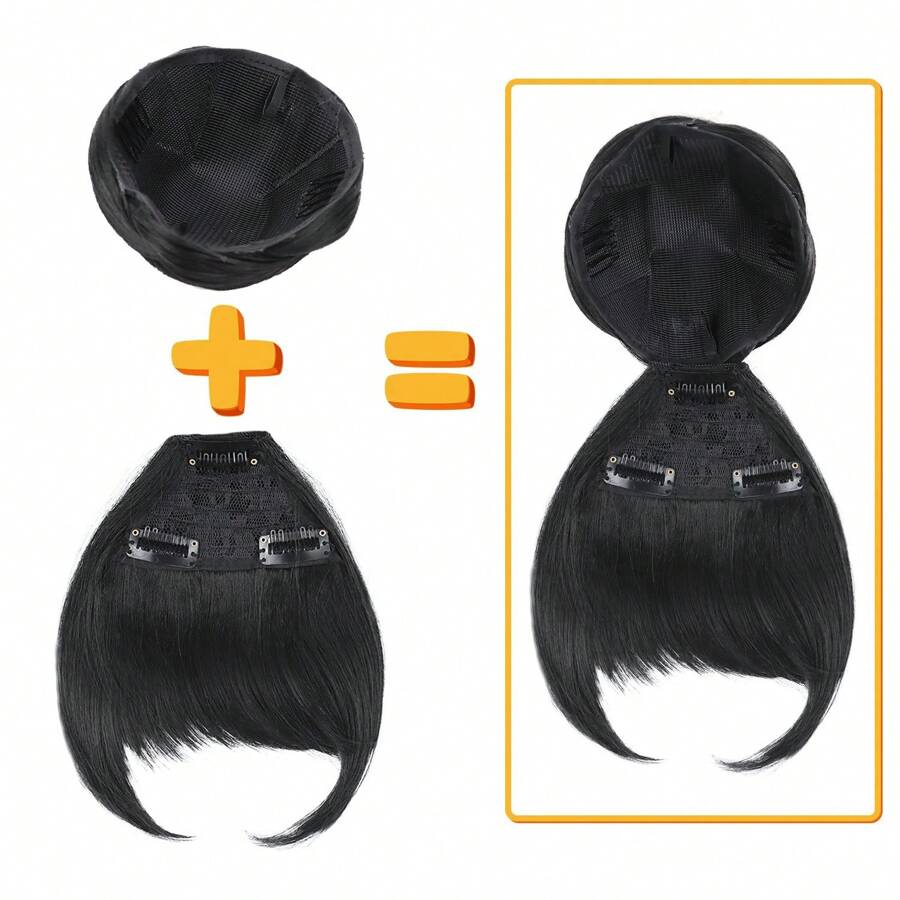 Synthetic Black Quick Chignon Bun With Bangs Hair Braided Bang Clip In