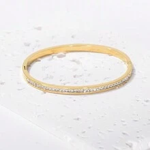 1 件时尚简约单排水钻卡家居开口不锈钢手链男女日常佩戴情侣节日礼物 - 金色 - 查看 1