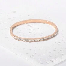 1 件时尚简约单排水钻卡家居开口不锈钢手链男女日常佩戴情侣节日礼物 - 金色 - 查看 2