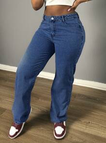Chicsale Women's Straight Leg Denim Pants - Elegant Wide Leg Floor-Length Jeans With Button & Zipper, Relaxed Fit Casual Trousers For Everyday Outings - Rửa tối - Xem 4