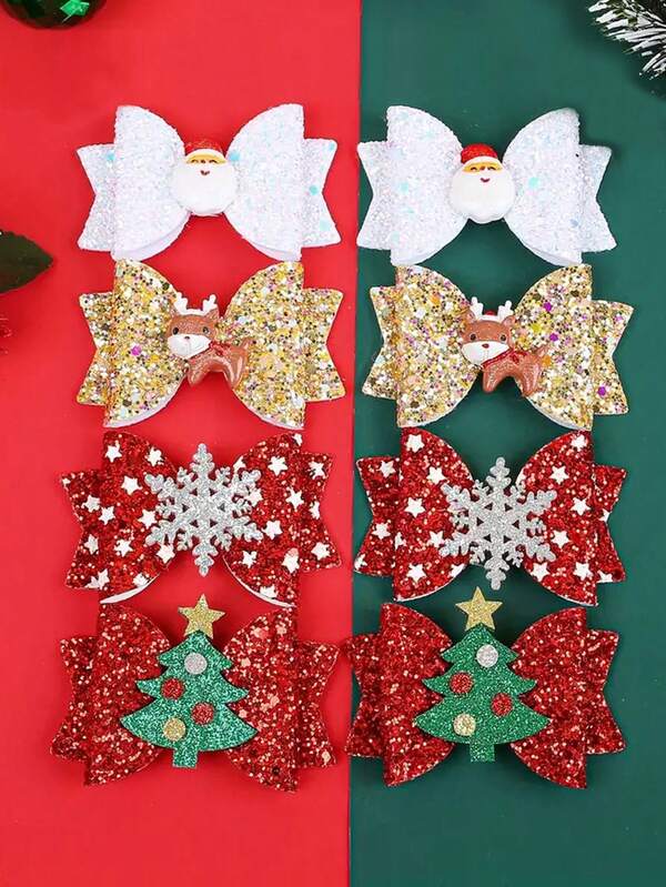 4pcs/8pcs Christmas Reindeer & Glitter Bow Hair Clips - Cute Holiday Party Accessories For Girls