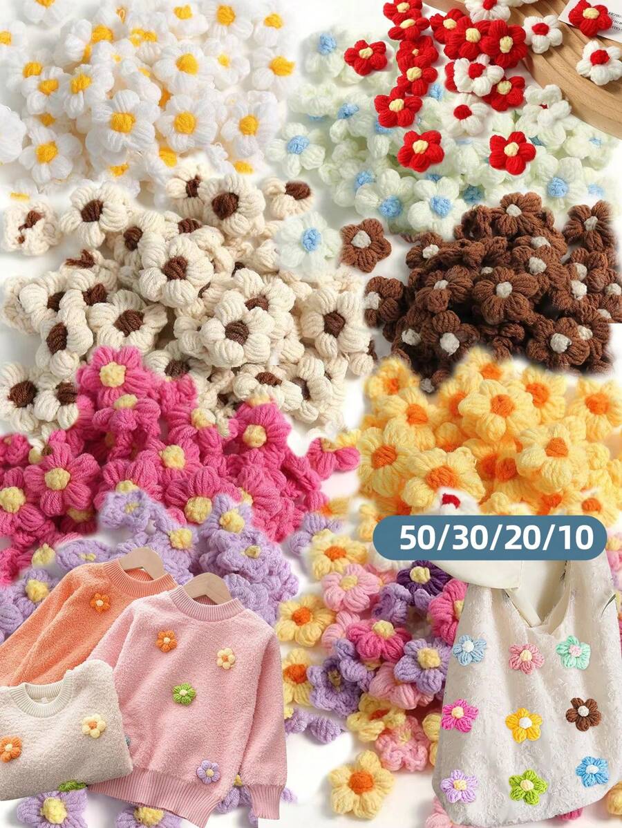10/30 件 4 厘米羊毛钩针花贴花泡芙花针织纱花手工钩针花用于工艺品装饰 DIY 头发头带帽子鞋子服装配饰工艺品缝纫