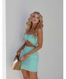 Summer Lace Knit Set Top With Ribbon - 薄荷藍 - 查看 2