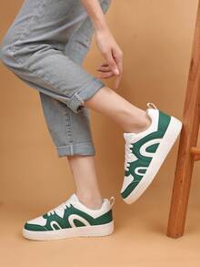 潮流女士时尚休闲鞋低帮系带透气拼色运动鞋轻便舒适滑板鞋 - 綠色 - 查看 3