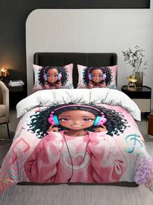 3pcs Fashion Music Cute Girl Digital Print Polyester Bedding Quilt Cover Set - Multicolor - View 2