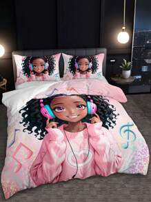 3pcs Fashion Music Cute Girl Digital Print Polyester Bedding Quilt Cover Set - Multicolor - View 5