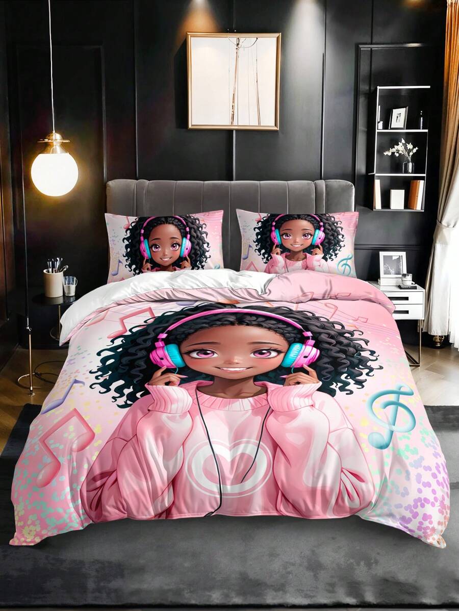 3pcs Fashion Music Cute Girl Digital Print Polyester Bedding Quilt Cover Set - Multicolor - View 1