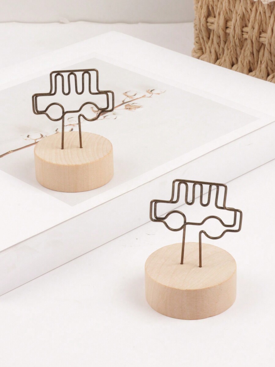 1pc Vintage Wooden Memo Holder Photo Card Name Card Clip Stand, Simple