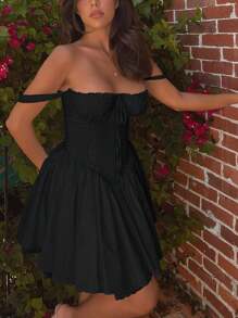 Women's Sexy Sweetheart Neck Sleeveless Tie Front Lace Trim A Line Party Mini Dress - 黑色 - 查看 3
