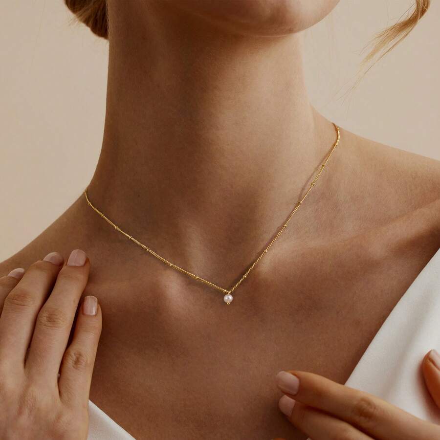 1 chiếc vòng cổ mặt ngọc trai mạ vàng 14K cho nữ, thiết kế tối giản, phù hợp cho đám cưới, công sở và đeo hàng ngày - Vòng cổ mặt dây chuyền ngọc trai vệ tinh - Xem 1