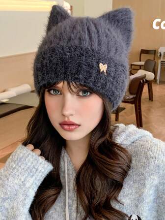 1pc Women's Thick Knit Hat, Warm Ear Protection Hat, Thermal Lined, Metal Rhinestone Decor Cute Ear Design, Suitable For Autumn/Winter Daily Wear, Walking, Shopping