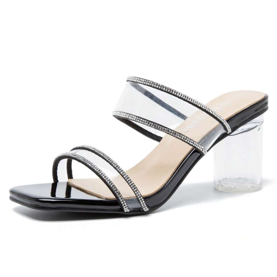 Women's Two Straps Clear Heels Slip On Square Toe Rhinestone Transparent Clear Block Heel Sandals - 黑色 - 查看 1
