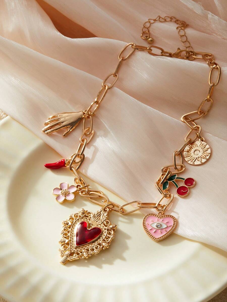 1 件金属心形小盒吊坠项链，带樱桃邪眼辣椒太阳吊坠珠宝礼物情人节、妈妈、母亲、母亲节、礼物 - 多吊墜項鍊 - 查看 1