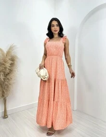 Gior Style Women's Long Dress In Viscose Fabric With Printed Straps. Evangelical Fashion Bridesmaid Party Dress With Elastic At The Back - Màu Hồng  San hô - Xem 4
