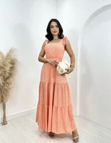 Gior Style Women's Long Dress In Viscose Fabric With Printed Straps. Evangelical Fashion Bridesmaid Party Dress With Elastic At The Back - Màu Hồng  San hô - Xem 1