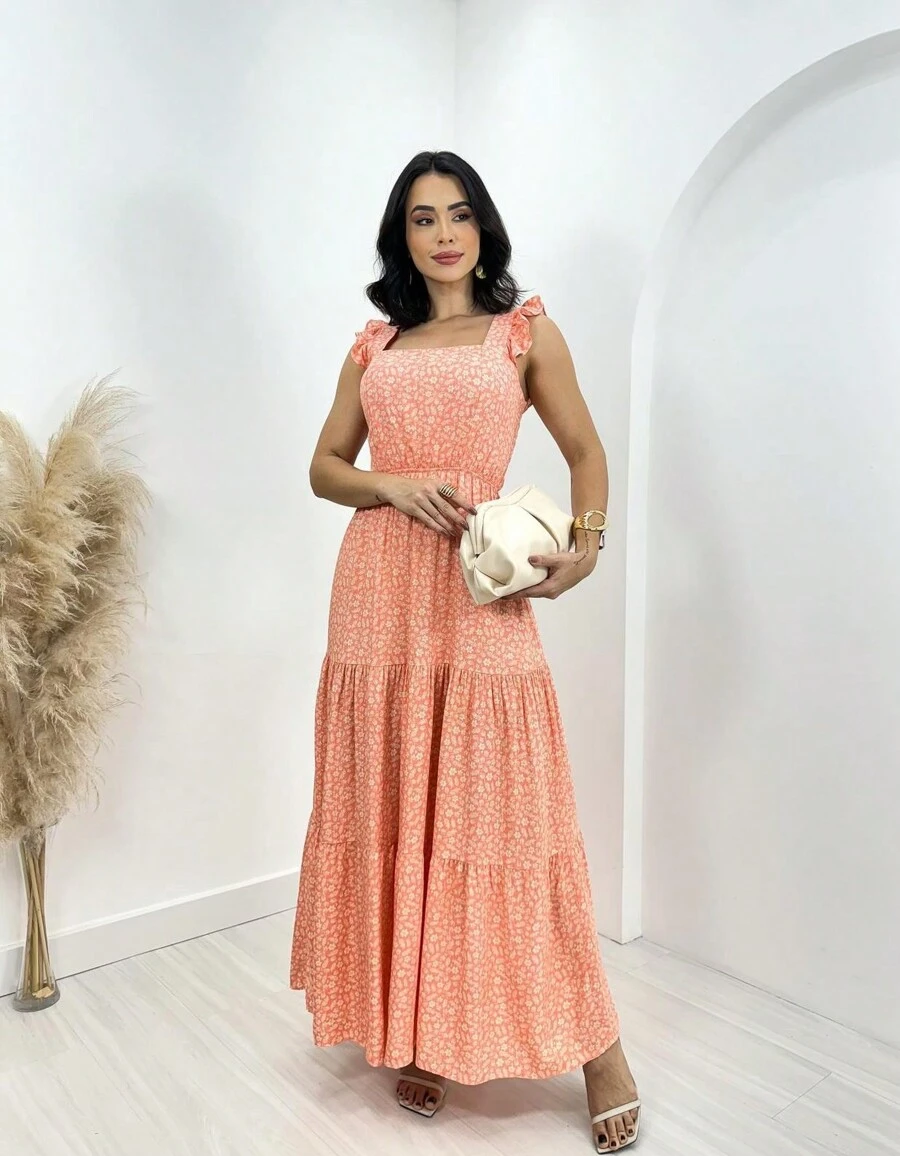 Gior Style Women's Long Dress In Viscose Fabric With Printed Straps. Evangelical Fashion Bridesmaid Party Dress With Elastic At The Back - Màu Hồng  San hô - Xem 1