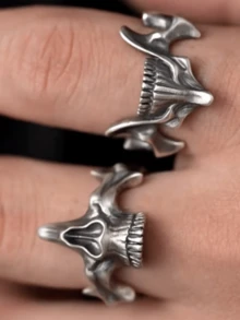 1 件钛钢戒指男士嘻哈朋克戒指，千叶骷髅鬼脸二合一泰银组合戒指，适合派对、日常佩戴 - 骷髏鬼面戒指 - 查看 2