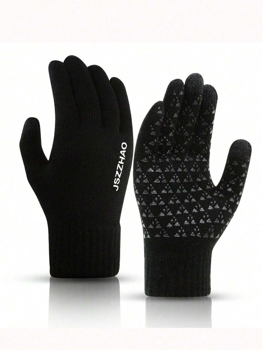 1 双冬季针织触屏保暖防风手套，男女皆宜，黑色手套，冬季暖手器 - 黑色 - 查看 1