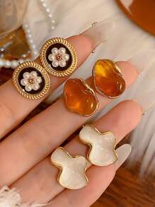 6pcs/Set Vintage Red Cat Eye Faux Pearl Wrap Earrings, Luxury Niche Design, High-End Festive Christmas, Minimalist Versatile Personalized Earring Set Suitable For Women's Daily & Holiday Wear