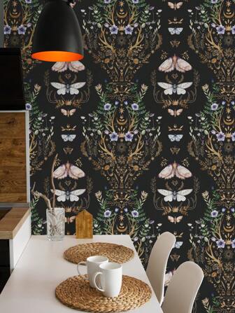 1 Roll, Vintage Floral Moth Pattern Wallpaper, Peel And Stick, Vinyl Material, Waterproof, Easy To Remove, Home Wall Decor, Artistic Branches And Flowers Mural Design 17.7 Inch * 6.5/9.8 Feet, Stickers, Wall Decal, Vinyl Decal For Home Decorations, Spring Decoration Items Refresh Your Home, Festival Decoration Stickers Gifts Birthday Graduation