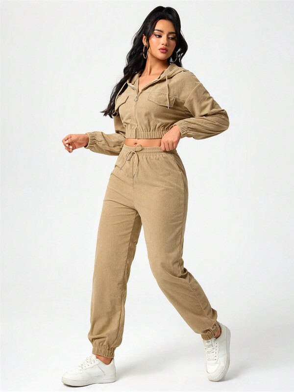 2pcs Women Corduroy Solid Zip Up Hoodie And Sports Pants Set