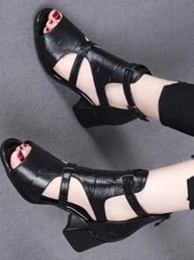 Giày sandal phong cách La Mã mùa hè mới 2025 cho nữ, giày cao gót hở mũi, giày bốt da mềm hở gót giữa mùa hè - màu đen - Xem 10