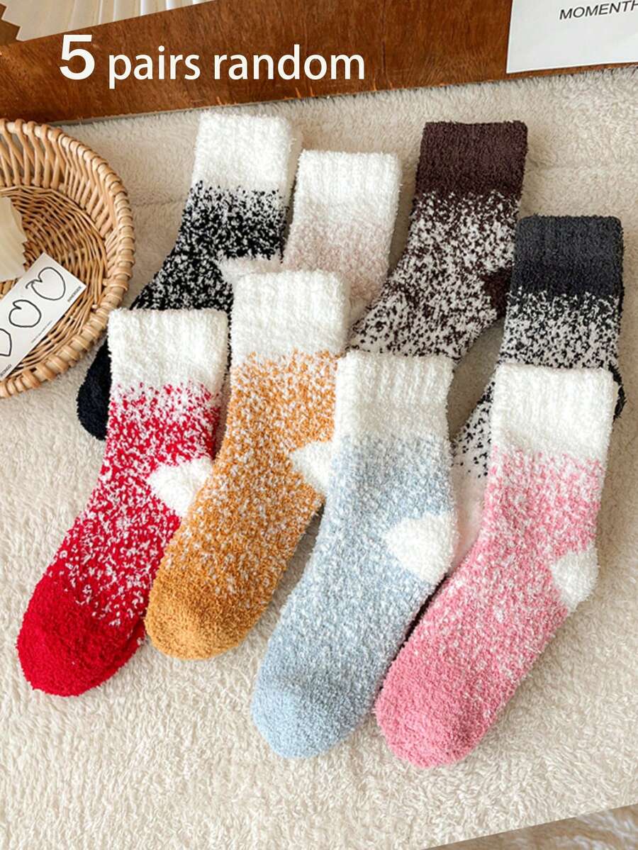 5 双女士保暖毛绒中筒袜，雪花设计，时尚保暖，适合秋冬季 - 彩色 - 查看 1