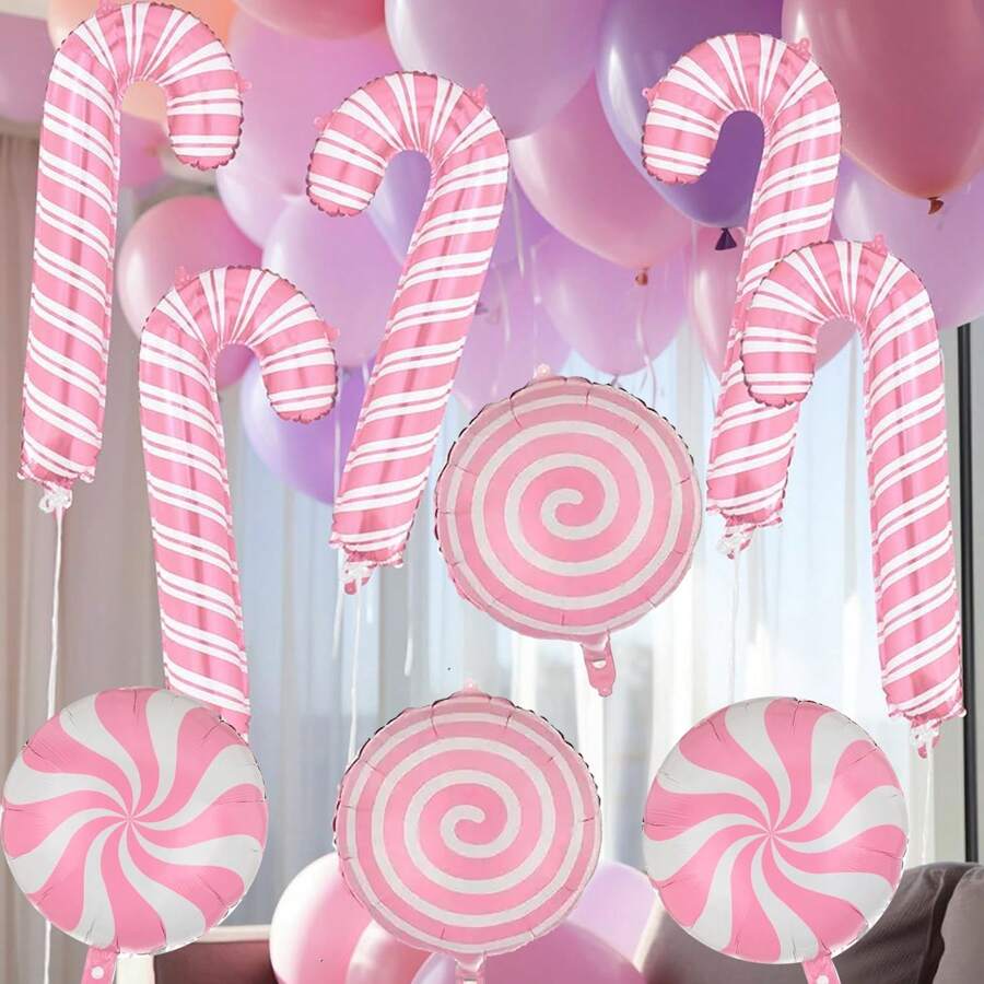 6 cái/bộ kẹo que Giáng sinh màu hồng, chong chóng, bóng bay kẹo tròn, đồ trang trí tiệc sinh nhật theo chủ đề kẹo Giáng sinh, đồ dùng tiệc Candy Land - Hồng - Xem 1