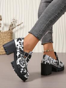 Women's Platform Thick Bottom Roman Style Strap Embroidered Fashion Mary Jane Pumps - White - View 3