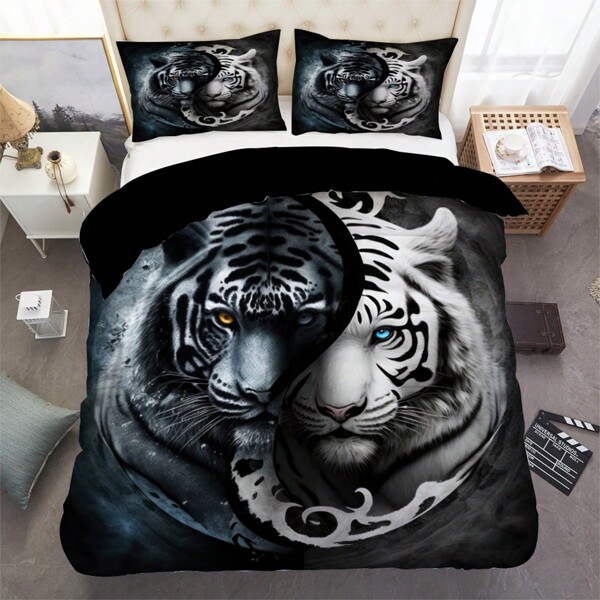 3 PÇS Conjunto de Capa de Edredom Estampa de Tigre Preto e Branco (1*Capa de Edredom + 2*Fronhas, Sem Enchimento), Macio, Confortável e Respirável Roupa de Cama para Quarto e Quartos de Hóspedes, Confortável, Hipoalergênico e Fácil de Cuidar, Para Todas as Estações