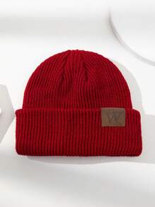 1 件男士休闲多款皮革标签针织帽冬季帽子无檐便帽秋季服装