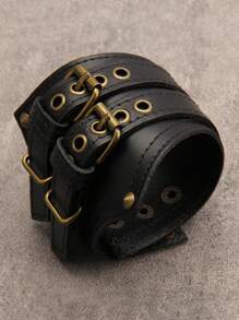 1 件男士朋克摇滚摩托车手链，不对称骑行针双扣宽皮革腕带，哥特式复古皮革手链，男士礼物 - 皮革 - 查看 2