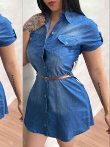 Vestidos de mezclilla manga corta - Azul - Ver 1