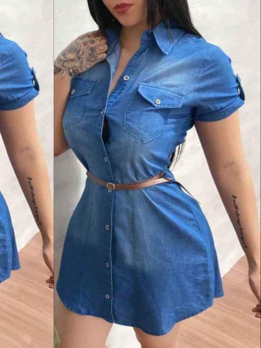 Vestidos de mezclilla manga corta - Azul - Ver 1