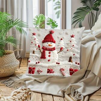 1pc Christmas Snowman And Trees Digital Print Throw Pillow Cover, Contemporary Hand Washable Linen Cushion Case With Zipper Closure, Woven Festive Design For Various Room Decor
