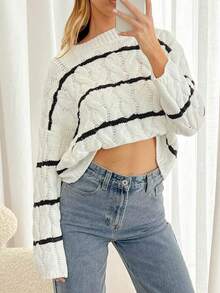 女士休闲条纹系带针织套头衫 - 白色 - 查看 1